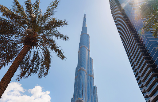 Dubai, United Arab Emirates: View of Burj Khalifa Skyscraper with Blue Sky