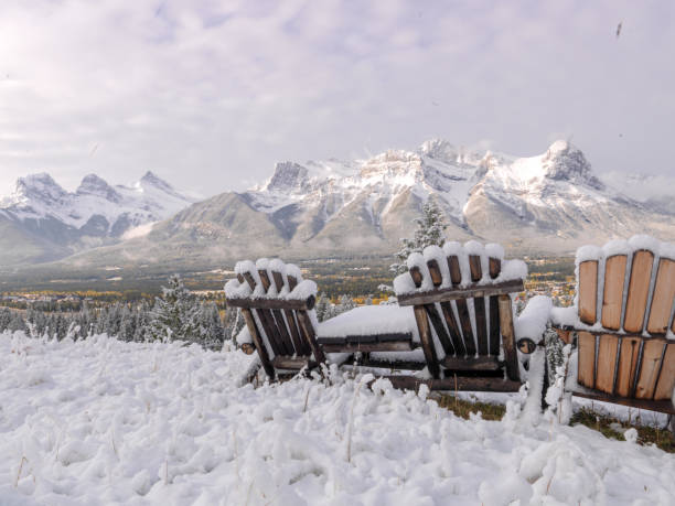 istock Scenic view of snowy chairs in meadow, distant mountains 1488829273