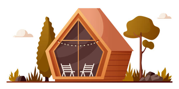 istock Landscape with a house in nature. Rock view vector illustration with stones, villa and bushes. Drawing for banner, background or card. Glamping cabin, camping in foest. glass and wood chalet 1488831544