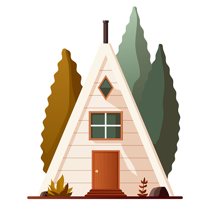 Landscape with a a-frame house in nature. Rock view vector illustration with stones, villa and bushes. Drawing for banner, background or card. Glamping cabin, camping in foest. glass and wood chalet