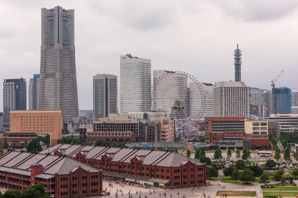 Yokohama, Japan  July 16, 2016 - View of Yokohama Japan and ferry terminal from Diamond Princess ship.