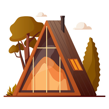 Landscape with a a-frame house in nature. Rock view vector illustration with stones, villa and bushes. Drawing for banner, background or card. Glamping cabin, camping in foest. glass and wood chalet