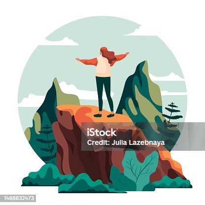 istock Happy relaxed woman hiking alone in calm summer landscape,. Feeling freedom. Young character travel in mountains. flat vector illustrations. New goals and horizons. Tourist on adventure 1488832473