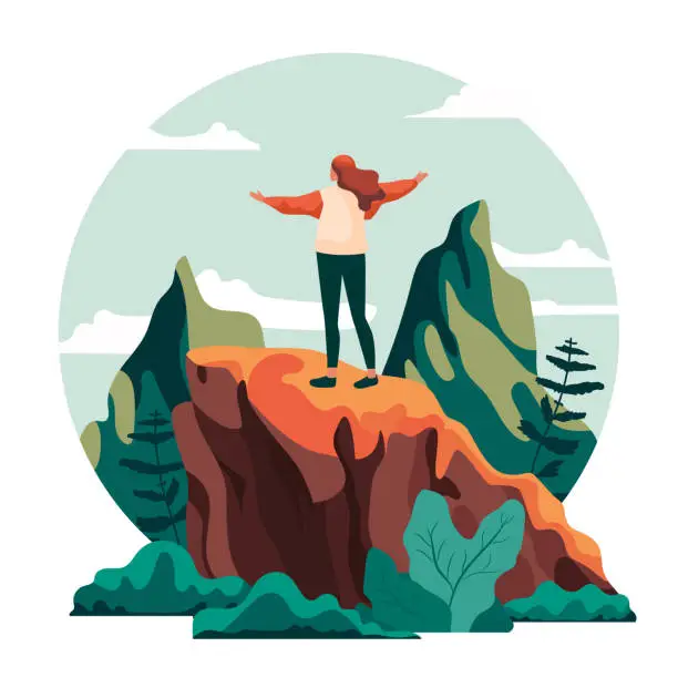 Vector illustration of Happy relaxed woman hiking alone in calm summer landscape,. Feeling freedom. Young character travel in mountains. flat vector illustrations. New goals and horizons. Tourist on adventure