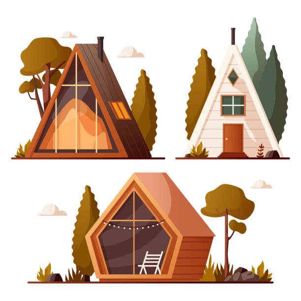 istock Glamping cabin set, luxury camping in foest nature. Comfortable glass and wood home. Vector cartoon illustration of traditional lodge and chalet, mountain cottage. Landscape, nature, house. 1488832498