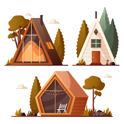 Glamping cabin set, luxury camping in foest nature. Comfortable glass and wood home. Vector cartoon illustration of traditional lodge and chalet, mountain cottage. Landscape, nature, house.