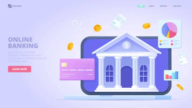 Vector illustration of Online banking, bank service, e wallet application, finance report, investments. 3d design concept for landing page. Three dimensional vector illustration for website, banner.