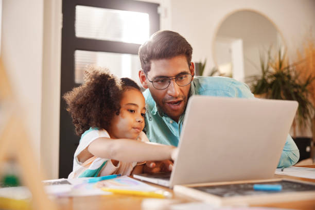 istock Laptop, online education or father in child support, e learning development or youth website for home school. Wow, biracial family and dad with kid on elearning computer and reading daughter results 1488834034