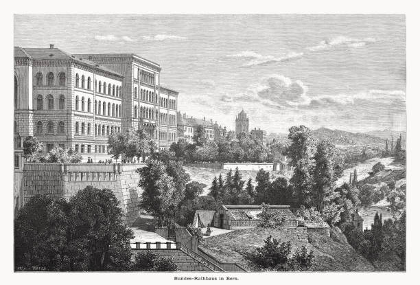 istock Federal Palace West (Bundeshaus West), Bern, Switzerland, woodcut, published 1877 1488836606