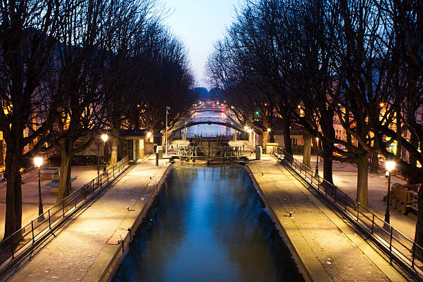 Twilight photo of Saint-Martin channel in Paris, France stock photo