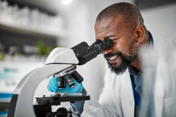 istock Happy biologist, microscope or laboratory scientist in plant growth analytics, food engineering or medical research. Smile man, worker or employee with science magnify technology for sustainability 1488839279