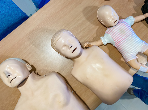 Mannequins on the table prepared to practice CPR training