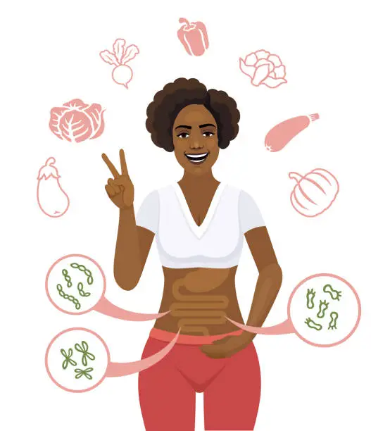 Vector illustration of African American Woman Happy woman with balanced gut flora and making a peace gesture.