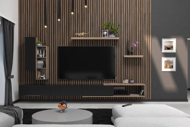 wohnzimmer mit strengem design, 3d-rendering - curtain home decorating living room showcase interior stock-fotos und bilder