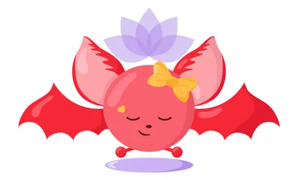 Vector illustration of Funny cute kawaii meditating bat with lotus flower over head and round body in flat design with shadows.