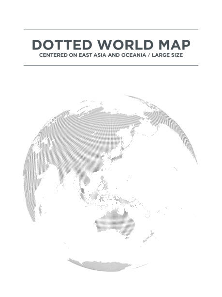 illustrazioni stock, clip art, cartoni animati e icone di tendenza di mappa sferica a punti in bianco e nero centrata sull'asia orientale e sull'oceania. di grandi dimensioni. - australasia