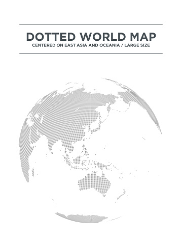 black and white spherical dot map centered on East Asia and Oceania. large size.