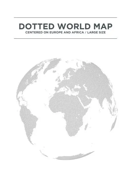 Vector illustration of black and white spherical dot map centered on Europe and Africa. large size.