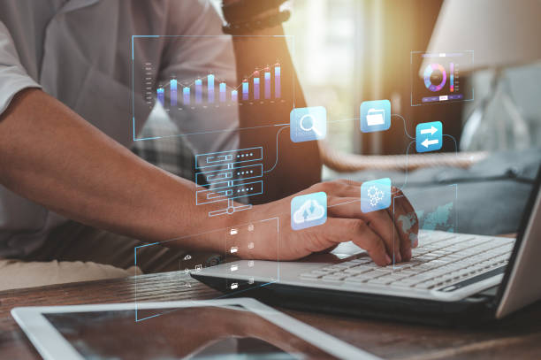 istock business, technology, project, analysis, resource, management, document concept. businessman operating project analysis resource management with laptop and hud screen. business man used technology. 1488843095