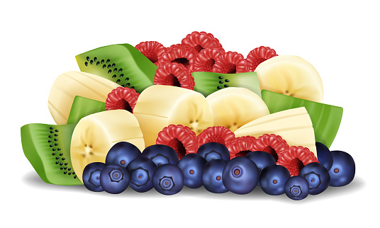 Blueberry, raspberry, kiwi, banana. Fruits drawn in vector. Ripe berries on a white background. Food vector illustration.