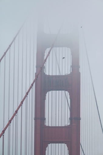 The Golden Gate Bridge shrouded in mist. San Francisco, California, USA.