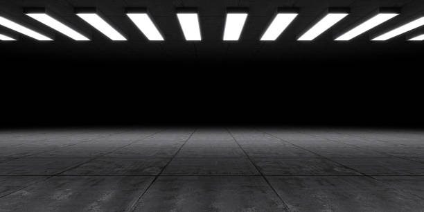 istock Dark showroom with top light system, concrete reflection floor and empty space. Futuristic underground background. 1488844022