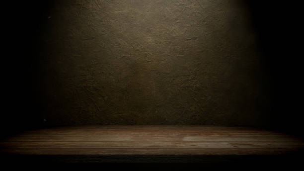 istock Wooden countertop with top light and empty space. 1488844044