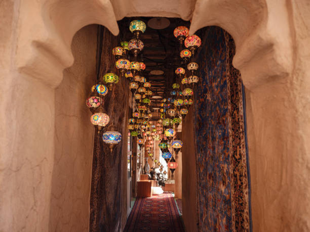 Al seef old historical district with traditional Arabic architecture. Beautiful Traditional Ramadan Light Lamp in shop Dubai Spice Souk.