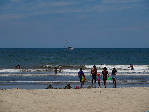 On August 30th 2023, Saint Aubin Sur Mer, France. During the last week of summer holidays in France, tourists enjoy the beach activities at the alabaster coast in Normandy