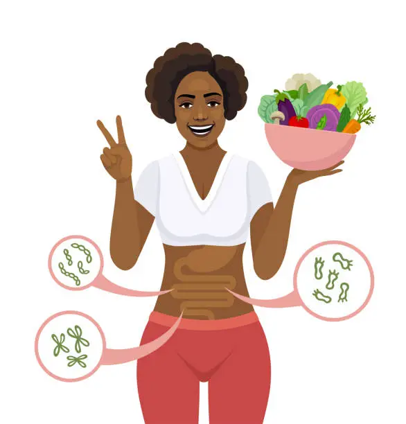 Vector illustration of African American Woman holding a bowl full of fresh organic vegetables. Happy woman with balanced gut flora and making a peace gesture.