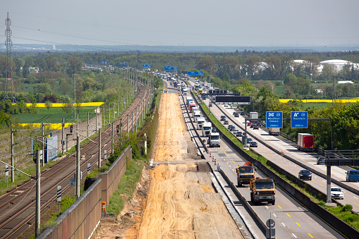 Large road construction site and dense traffic on German highway