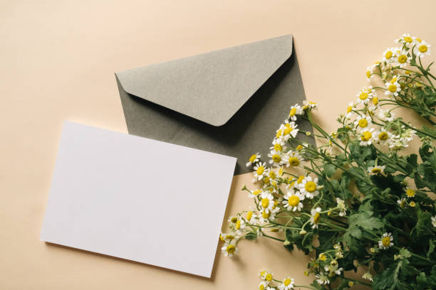 istock White blank greeting or invitation card and envelope with white flowers decoration on beige background. Mock up presentation. 1488845411