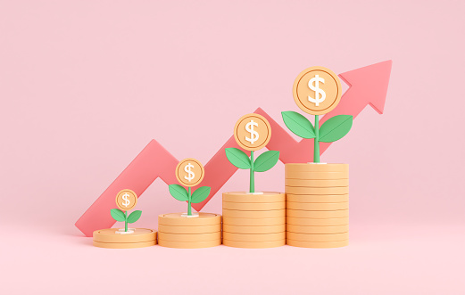 3d render coin stack with tree growth and graph arrow up. save money concept. business finance investment increase. 3d rendering illustration minimal style.