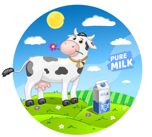istock Funny cartoon cow with milk on meadow. Vector Illustration. 1488847837