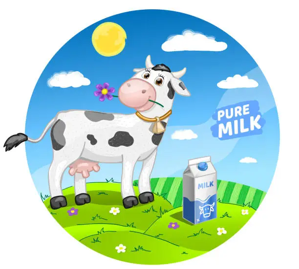 Vector illustration of Funny cartoon cow with milk on meadow. Vector Illustration.