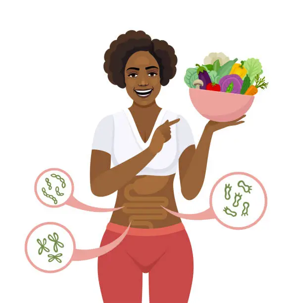 Vector illustration of African American Woman showing a bowl full of fresh organic vegetables. Happy woman with balanced gut flora.