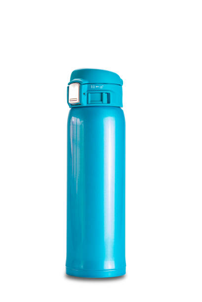 istock Blue glossy metal flask water bottle with cap isolated on white background. 1488849304