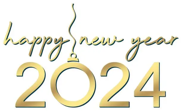 Vector illustration of Happy new year 2024. Gold Hand writing calligraphic lettering on a white background.