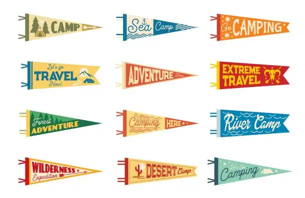 Vector illustration of Camping pennant flags, camp and tourism pendants