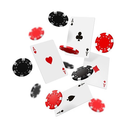 Flying casino poker cards and chips, gambling game vector 3D splash on white background. Casino poker or Vegas jackpot play cards of aces and red or black gambling hips flying in blackjack bet