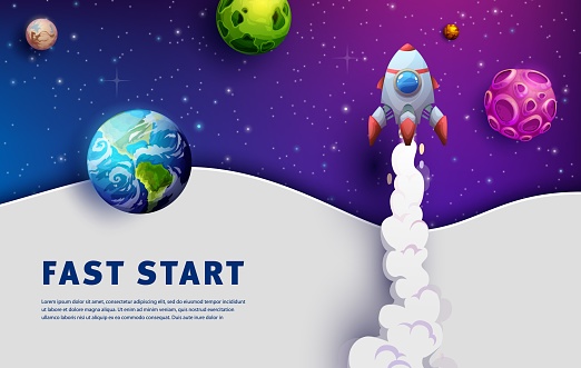Space landing page. Business fast start. Startup launch social media homepage template, company internet site vector layout or business project website background with cartoon rocket spaceship takeoff