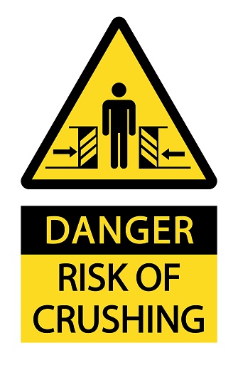 Danger, risk of crushing. Warning yellow triangle sign with person silhouette and moving machineries. Text below. White background.