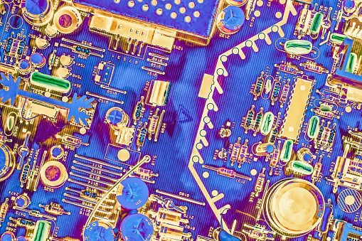Colorful, vivid, striking, majestically stylized surreal artistic representation of electronic circuit board elements.