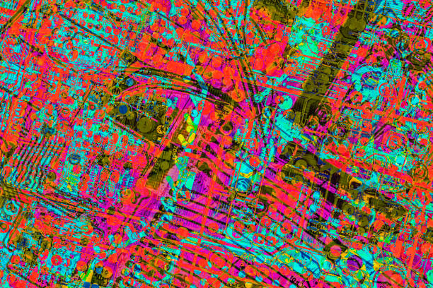 Colorful, vivid, striking, majestically stylized surreal artistic representation of electronic circuit board elements.