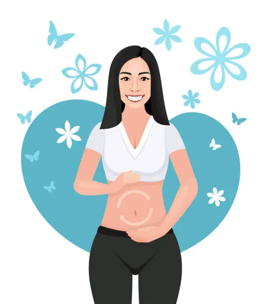 Vector illustration of Fit young Asian woman holding her hands over her abdomen. Happy Asian woman with balanced gut flora.