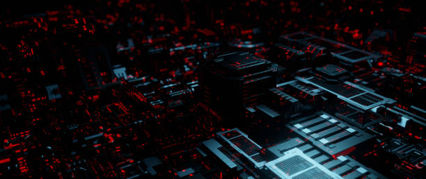 Dark tech background with industrial elements. View of the panel with wires and cables, equipment and switching units. Black boxes with copy space. 3d render