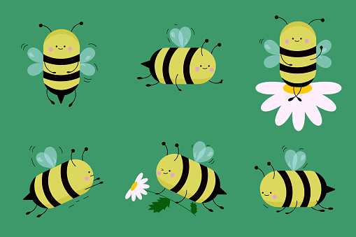 Set of cute bees in cartoon style in different poses