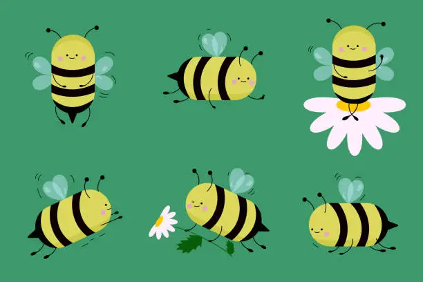 Vector illustration of Set of cute bees in cartoon style in different poses