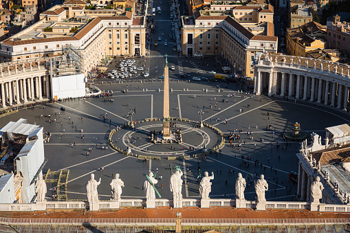 St. Peter's Square and the cityscape of Rome seen from the rooftop of St. Peter's Basilica in Vatican City, a World Heritage Site