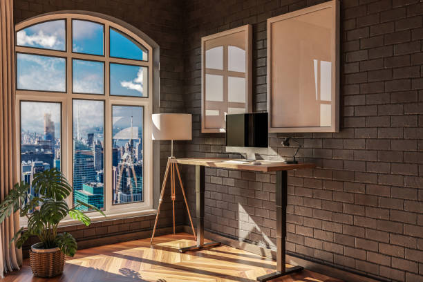 istock modern standing desk pc workplace in daylight downtown skyline office; home decoration desing and home office concept; 3D Illustration 1488862303